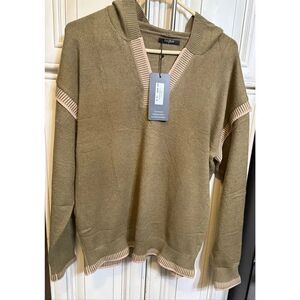 Valolia Women's V-Neck Hooded Knit Pullover Sweater Olive Green Size Medium NWT